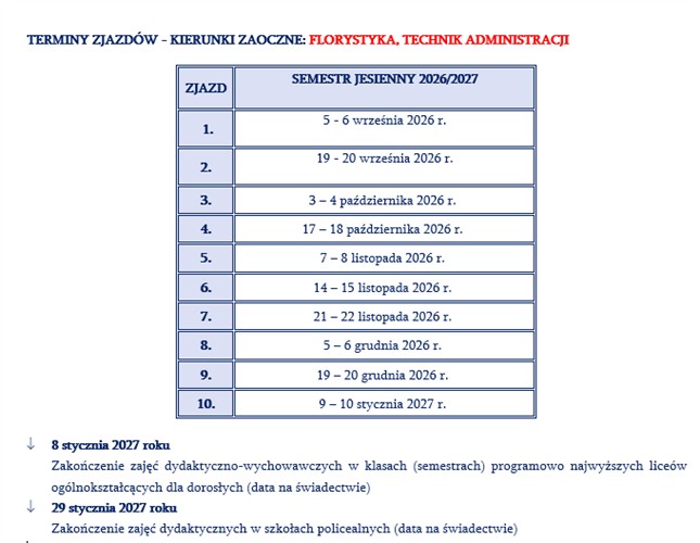 Harmonogram zjazdów w roku szkolnym 2026/2027