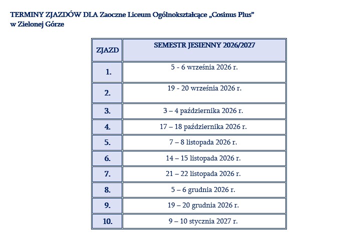 Harmonogram zjazdów w roku szkolnym 2026/2027