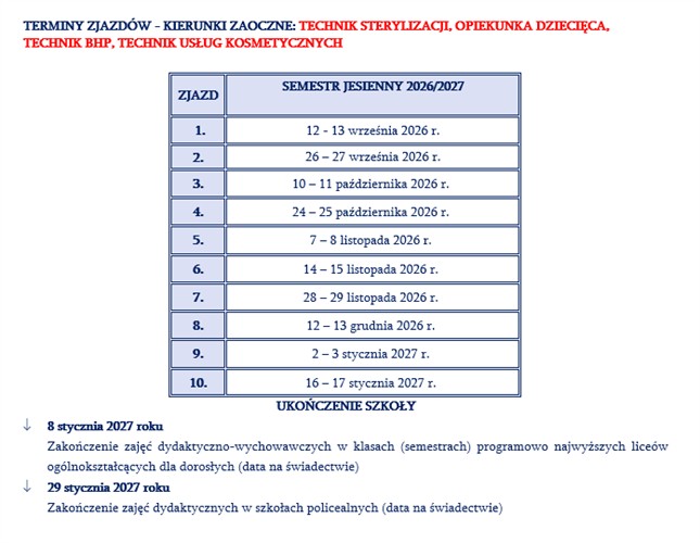 Harmonogram zjazdów w roku szkolnym 2026/2027